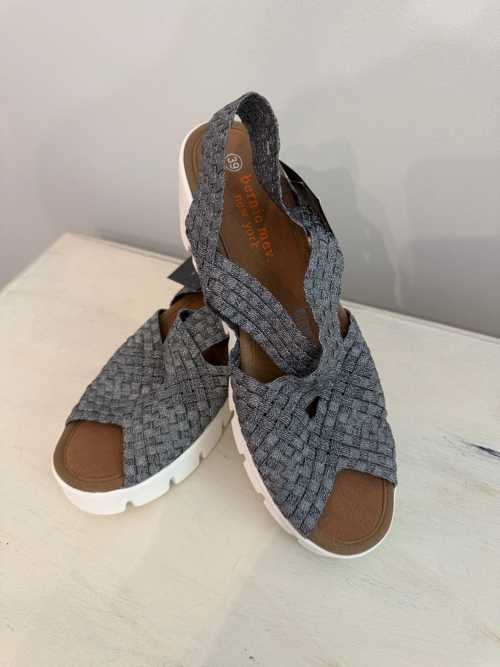 bernie mev. Gray Woven Slingback Platform Wedges